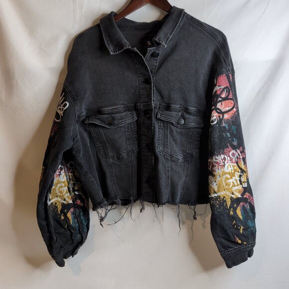 Love & Legend Black Denim Jacket w/ Graffiti Gothic Punk, Size 16 - Picture 2 of 7
